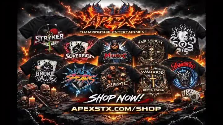 A full lineup of APEX Championship Entertainment shirts is here featuring bold designs from Stryker, Sovereign, Maniac, Sage Unholy, Asmodeus, Broken Ace, Jack Spears, Sledge, and Warrior Ruben Esp...