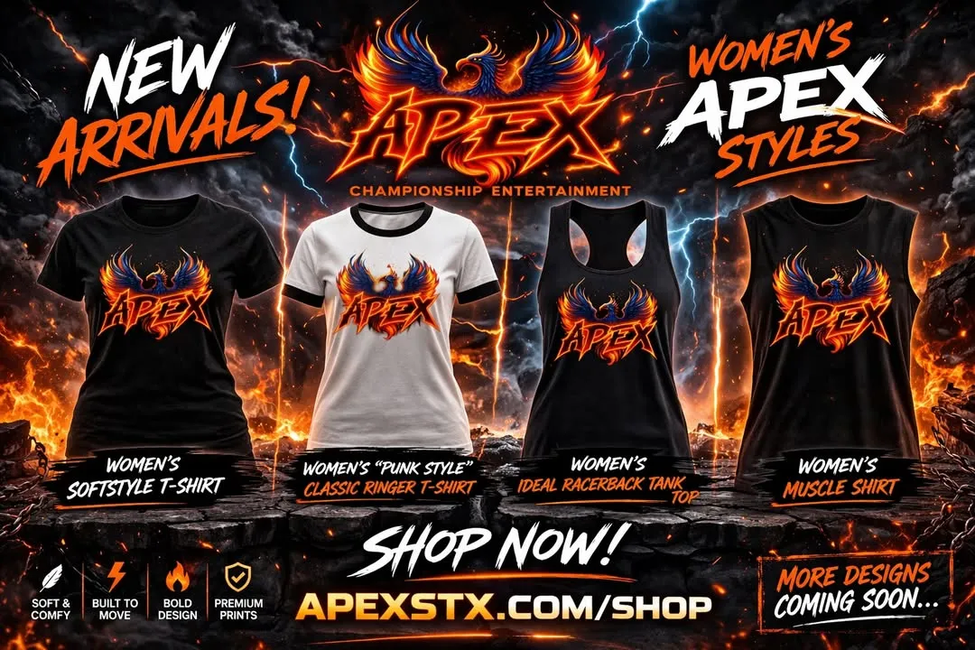 Great news APEX Universe, APEX Merch is now available for the Ladies. Show your support for your favorites of APEX with cuts designed for the women who support us. Order your merch now and Take You...